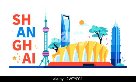 Öffentliche Gebäude in Shanghai - Moderne farbige Vektorillustration Stock Vektor