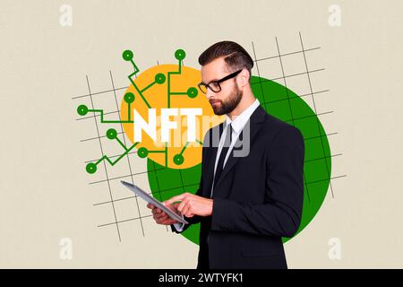 Composite Photo Collage des jungen seriösen Geschäftsmannes halten Tablet Miner nft Token Kryptowährung isoliert auf gemalten Hintergrund Stockfoto