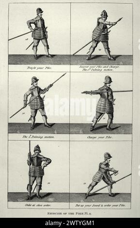 Vintage-Illustration, englischer Soldat, Pikeman, Übung mit dem Hecht, Speer, Infanterie, Militärgeschichte, Waffen des 17. Jahrhunderts Stockfoto