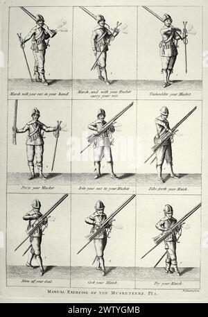 Vintage-Illustration, englischer Soldat, Musketier, Übung mit der Muskete, Infanterie, Militärgeschichte, Waffen aus dem 17. Jahrhundert Stockfoto