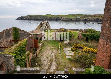 Überreste einer alten verlassenen Ziegelei in Porth Wen an der Nordküste von Anglesey, Nordwales. Stockfoto