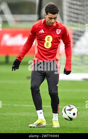 Brennan Johnson aus Wales während der offenen Schulung in Wales im Vale Resort Training Complex, Hensol, Vereinigtes Königreich. März 2024. (Foto: Craig Thomas/News Images) in, am 20.03.2024. (Foto: Craig Thomas/News Images/SIPA USA) Credit: SIPA USA/Alamy Live News Stockfoto