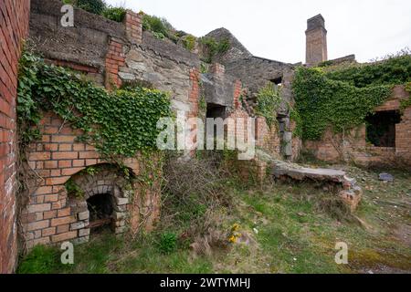 Überreste einer alten verlassenen Ziegelei in Porth Wen an der Nordküste von Anglesey, Nordwales. Stockfoto