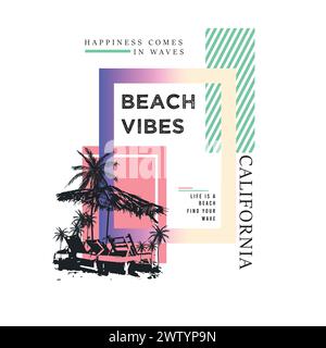 Sommer Graphic California Beach Vibes Geometrischer Verlauf Typografie Quadratische Grafik T-Shirt Druck Design Vektor Stock Vektor