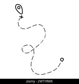 Linienpfad auf Karte. Vektor Doodle Treasure Route mit Startpunkt, Transferpunkt und Ziel. Clipart-Symbol mit Track in Schwarz-weiß. Stock Vektor