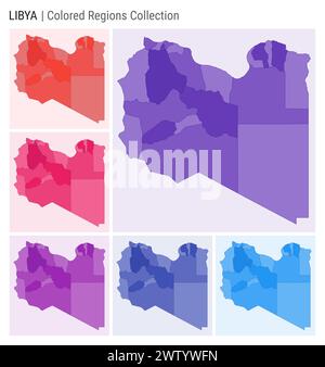 Libyen-Kartensammlung. Länderform mit farbigen Regionen. Dunkelviolett, Rot, Rosa, Lila, Indigo, blaue Farbpaletten. Stock Vektor