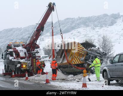 12/10 HEUTE FOTO ...wird Ein Streuwagen des Hampshire County Council mit einem Kran nach rechts gebracht, nachdem er abgestürzt und auf dem Eis auf der A3 in BU umgekippt wurde Stockfoto