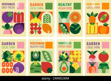 Sammlung von Plakaten mit Gemüse. Illustrationen frischer ökologischer Erzeugnisse. Ideal für Werbung, Förderung gesunder Ernährung, Kochveranstaltungen Stock Vektor