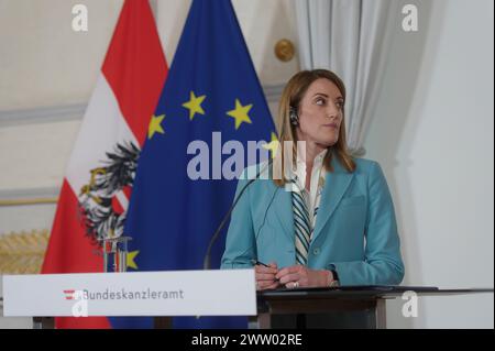 Wien, Österreich. März 2024. Pressemitteilung der Präsidentin des Europäischen Parlaments Roberta Metsola im Bundeskanzleramt in Wien Stockfoto