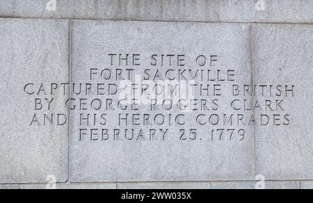 Eine Inschrift auf dem George Rogers Clark Monument in Vincennes, Indiana. Stockfoto