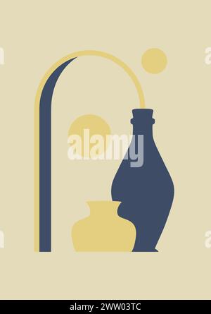 Ästhetische geometrische Illustration mit Keramikvasen. Zeitgenössische Kunst mit ausgewogenen Elementen. Töpferwerkstatt. Kunstdruck aus der Mitte des Jahrhunderts für die Deko im Schlafzimmer Stock Vektor