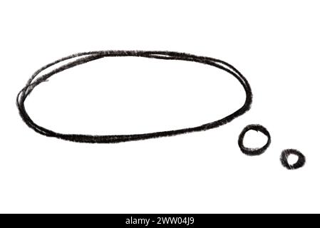 Ein Foto einer monochromen Zeichnung einer Gedankenblase auf weißem Hintergrund. Stockfoto