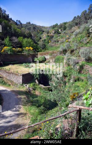 Portugal, Bezirk Coimbra, Coicoos in der Nähe von Góis, „der Ziegenschuppen“ (umgebautes Bauernhaus), der Wasserfall und Terrassenfelder Stockfoto