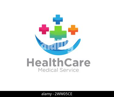 Cross Health Care Logo Designs für besten medizinischen Service mit Handpflege Stock Vektor