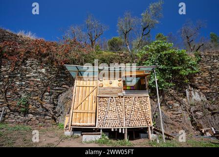 Portugal, Bezirk Coimbra, in der Nähe von Góis, Coicoos, Off-Grid Living in 'The Goatshed' (in der Nähe von Colmeal), mit WC- und Duschblock Stockfoto