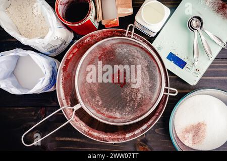 Sieben trockener Zutaten für Schokoladenkuchen in eine Mischschüssel: Kakaopulver, Mehl und andere trockene Zutaten werden in eine große Metallrührschüssel gesiebt Stockfoto