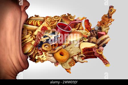 American Junk Food Crisis und US Fast-Food Diät als ungesunde Essgewohnheiten der Vereinigten Staaten, die Fettleibigkeit in Amerika und fettigen hohen Cholesterinspiegel repräsentieren Stockfoto