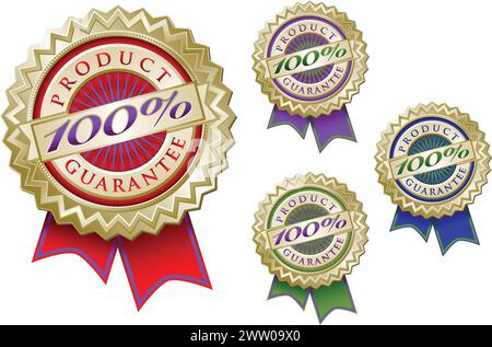 Satz von vier bunten 100 % Produkt Emblem Garantiesiegel mit Bändern. Stock Vektor