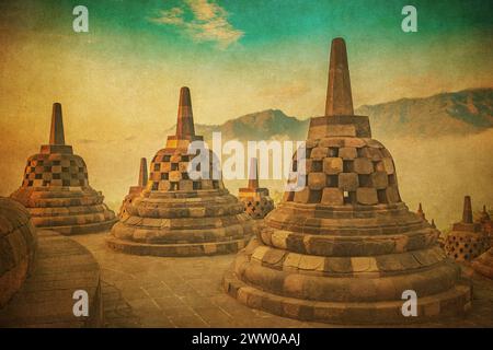 Vintage-Bild des Borobudur-Tempels, Java, Indonesien Stockfoto