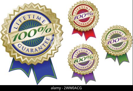 Satz von vier bunten 100 % Lifetime Garantie Emblem Dichtungen mit Bändern. Stock Vektor