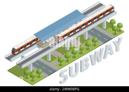 Isometrische U-Bahn City Train, Sky Train Road. Sky Train Station. Moderne Öffentliche Verkehrsmittel. Stock Vektor