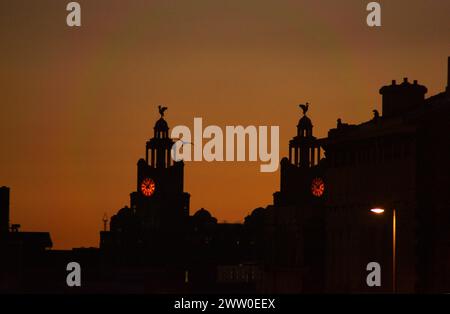 Blick auf das Liver Building, Liver Birds und das erste britische Betongebäude Stockfoto