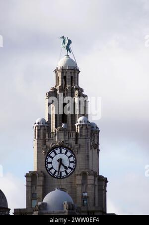 Blick auf das Liver Building, Liver Birds und das erste britische Betongebäude Stockfoto