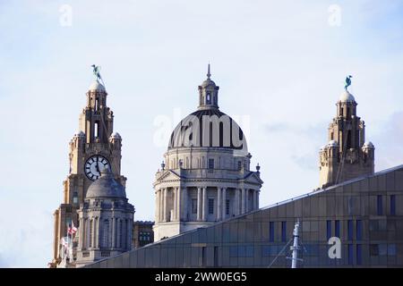 Blick auf das Liver Building, Liver Birds und das erste britische Betongebäude Stockfoto