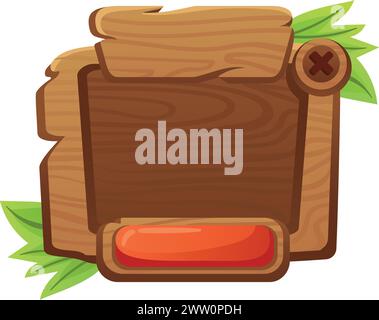 Fensterschablone für Zeichentrickspiele mit Holzstruktur und glänzenden Knöpfen Stock Vektor