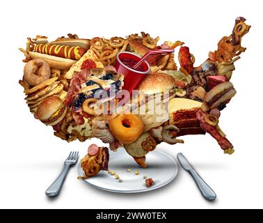 US ungesunde Essgewohnheiten und American Junk Food Crisisor Fast-Food Diät als US-amerikanische Ernährungsproblem, die Fettleibigkeit in Amerika und fettig darstellen Stockfoto