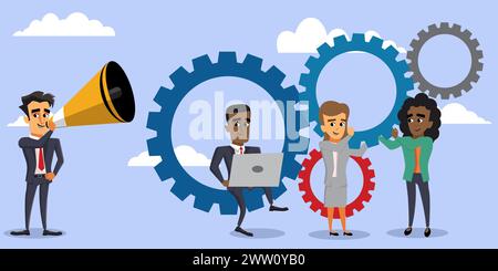 Business Teamwork Konzept, Manager spricht mit einer Happy Workforce. Teamzusammenarbeit Stock Vektor