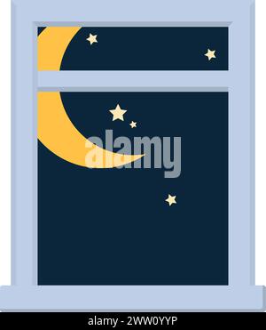Dunkler Himmel mit Mond und Sternen in weißem Fensterrahmen Stock Vektor