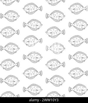 Nahtloses Vektor-Muster von Hand gezeichneter Kritzelskizze Flunder Fisch isoliert auf weißem Hintergrund Stock Vektor