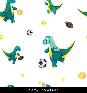 Niedliches Baby-Wasserfarbensport-Dinosaurier-Muster mit american Football, Fußball, Tennis. Sportausrüstung. Handgezeichnete Illustration blau Stockfoto