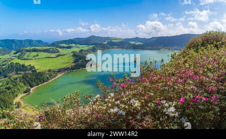 Bestaunen Sie das pulsierende Grün des Furnas Lake von Miradouro do Pico do Ferro, ein atemberaubendes Zeugnis der vulkanischen Pracht und reichen Flora von São Miguel. Stockfoto