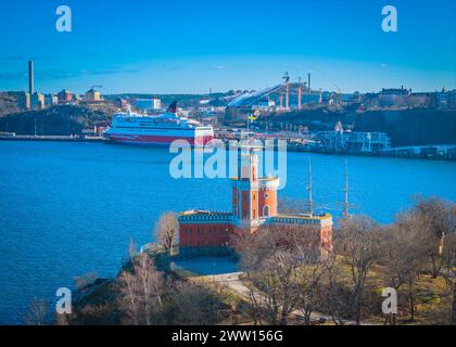 Kastellet Stockholm auf der Insel Kastellholmen in der Nähe von Gamla Stan. Luftaufnahme der schwedischen Hauptstadt. Panoramafoto der Drohne Stockfoto