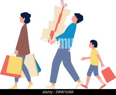 Weihnachtsverkauf Shopping. Eltern und Sohn mit Taschen und Geschenkboxen Stock Vektor