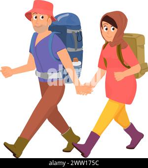 Glückliches Paar mit Rucksäcken. Cartoon-Touristen, die zusammen wandern Stock Vektor