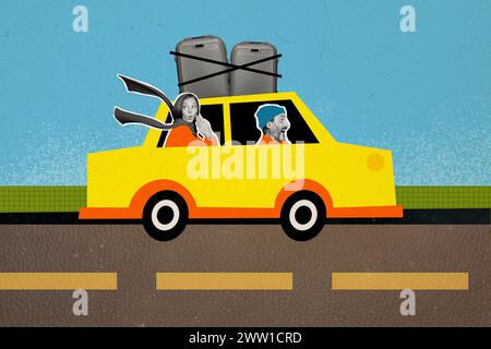 Collage Kunstwerk Cartoon Bild von fröhlichen glücklichen zwei Menschen gehen Urlaub Wochenende Picknick Landschaft isoliert auf gemalten Hintergrund Stockfoto