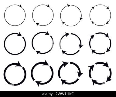 Unterschiedliche kreisförmige und unterschiedliche Dicke kreisförmige Pfeile Zeichensymbole Vektorillustration. Stock Vektor