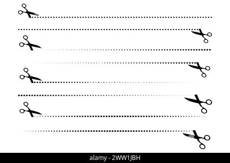 Vektorschere Symbol, gepunktete Linien mit Scheren Symbolen, Schnittlinie mit Scheren. Stock Vektor