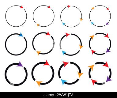 Unterschiedliche kreisförmige und unterschiedliche Dicke kreisförmige Pfeile Zeichensymbole Vektorillustration. Stock Vektor