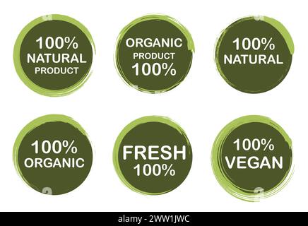 Naturprodukt, natürliche Landwirtschaft, vegane Lebensmittel, Bio, Öko, vegetarische Etiketten Pinselstriche Kollektion. Stock Vektor