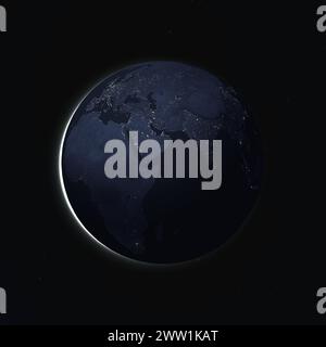 Stadtlichter Afrikas, Europas und des Nahen Ostens. Globale Weltkarte. Stockfoto