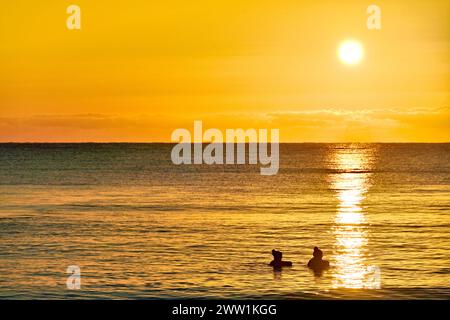 NZ7 1680 zwei weibliche Wildschwimmer bei Sonnenaufgang in der Nordsee mit goldenem Sonnenhimmel und Meeresspiegeln Stockfoto