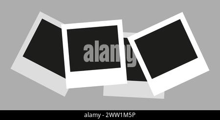 Die Fotokamera rahmt ein Fotomockup-Scrapbook auf eine graue Wand. Schwarze Fotorahmen-Vorlage. Vektorabbildung. Stock Vektor