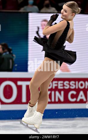 Montreal, Kanada. März 2024. Nella Pelkonen aus Finnland tritt am 20. März 2024 im Bell Centre in Montreal, Kanada, an dem Frauen-Kurzprogramm bei den Internationalen Eiskunstlauf-Weltmeisterschaften der International Skating Union (ISU) Teil. Quelle: Andrew Soong/Xinhua/Alamy Live News Stockfoto