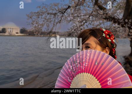 Eine Frau in einem japanischen Kimono posiert am 20. März 2024 in der Nähe der Cherry Blossoms entlang des Tidal Basin in Washington DC Stockfoto