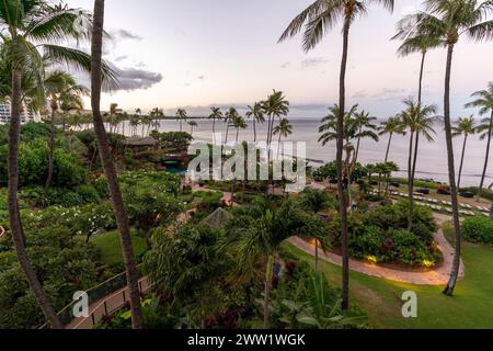 Blick auf den kristallblauen Pazifik und die hohen Palmen des Ka'anapali Beach, der sich in Lahaina, Hawaii, auf der Insel Maui befindet. Stockfoto