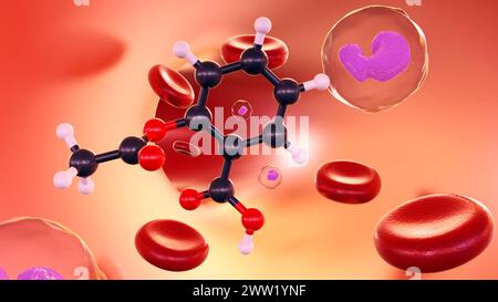 3D-Darstellung von Aspirinmolekülen im Gefässinneren mit roten und weißen Blutkörperchen Stockfoto